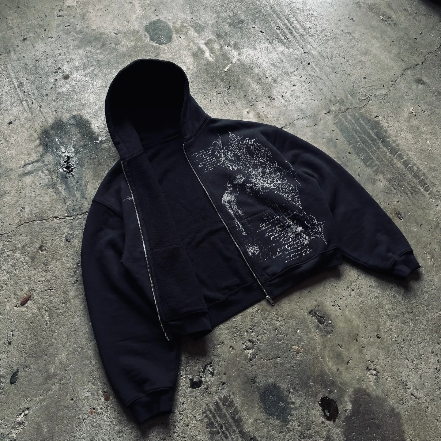 Dark Gothic Black Metal Zip Up Hoodie Distressed White Thorned Cross Gothic Text Print Oversized Cropped Unisex Streetwear