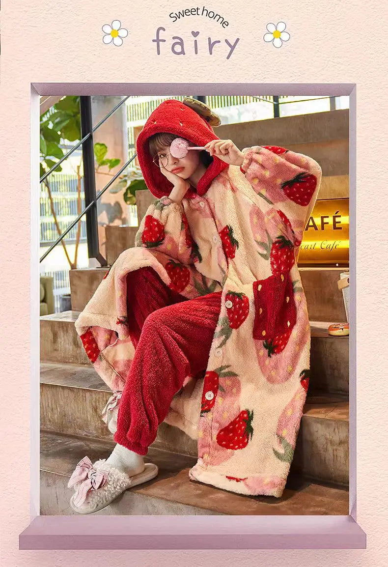 Kawaii Flannel 2025 Winter Kimono Nightgown Strawberry Cute Home Wear for Women Sleepwear Warm Bathrobe Cartoon Hooded Long Robe