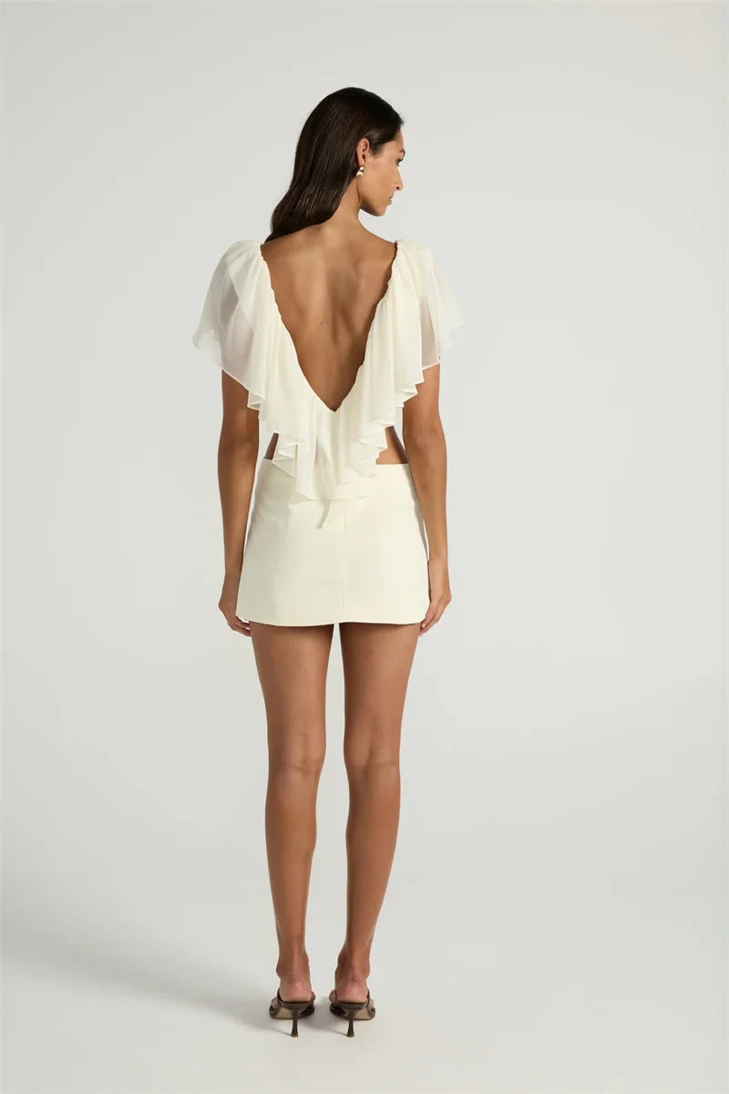 Mozision Ruffled Sexy Two Piece Set Women V Neck Sleeveless Tank Top Mini Skirt Matching Sets Female Club Party Dress Sets