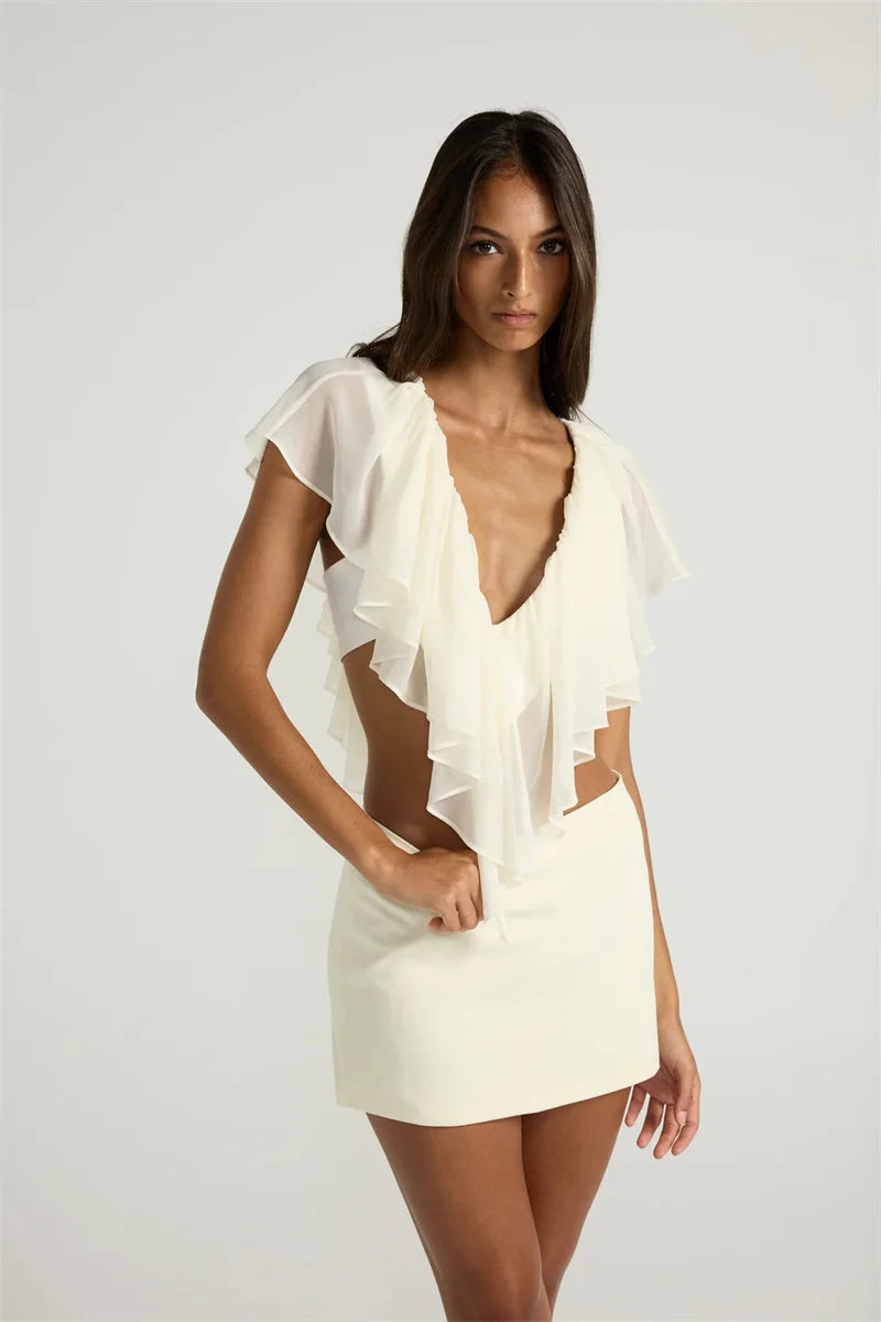 Mozision Ruffled Sexy Two Piece Set Women V Neck Sleeveless Tank Top Mini Skirt Matching Sets Female Club Party Dress Sets