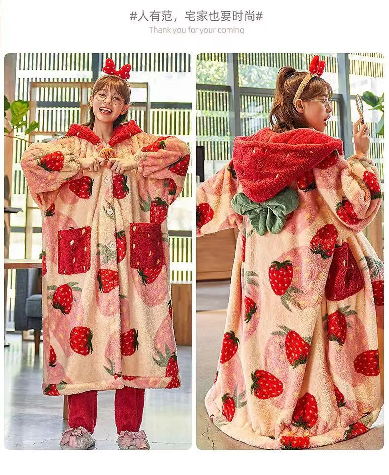 Kawaii Flannel 2025 Winter Kimono Nightgown Strawberry Cute Home Wear for Women Sleepwear Warm Bathrobe Cartoon Hooded Long Robe