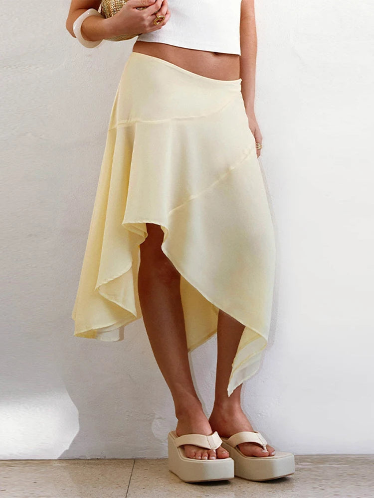 High Waist Asymmetrical Hem Midi Skirt Ruffle Flowy Irregular Hem A Line Skirts 2026 Summer Elegant Casual Vacation Chic Outwear