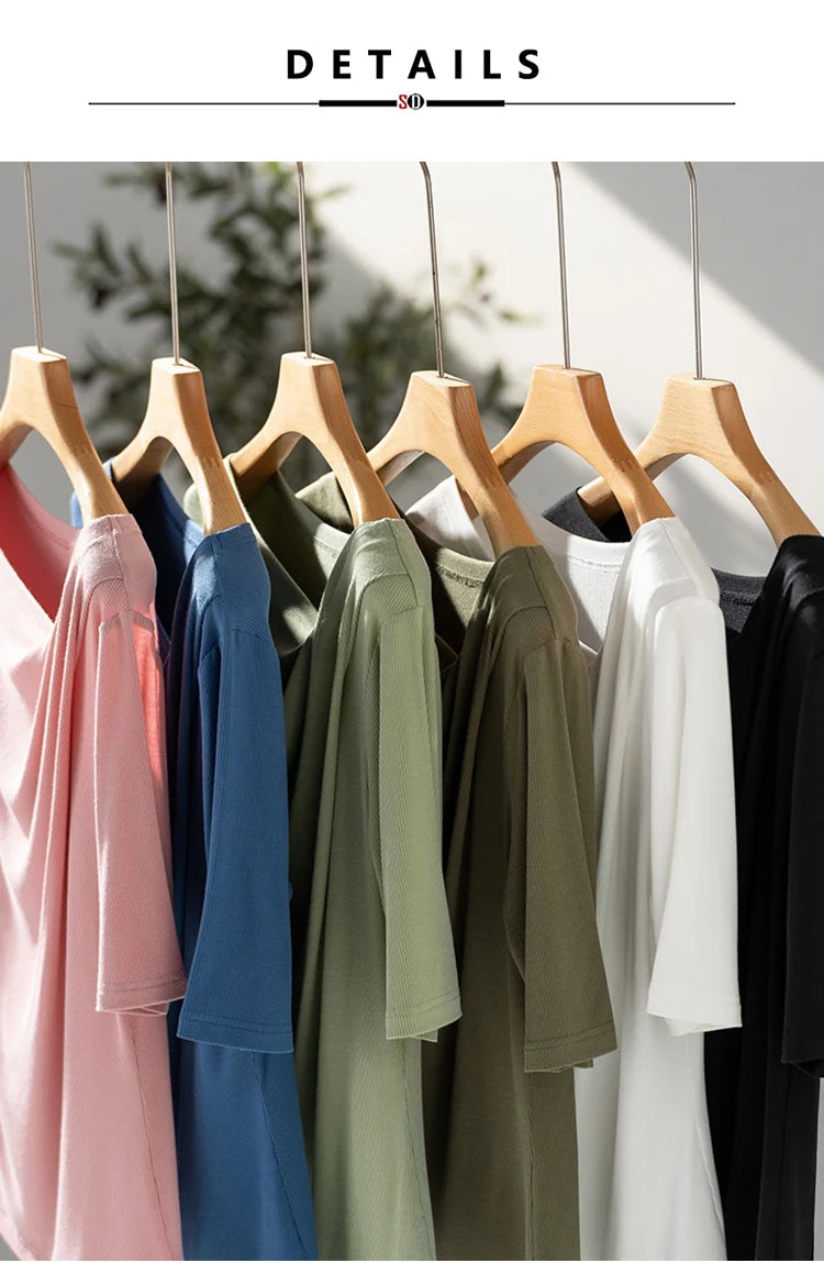 SuyaDream Women Solid T Shirt Real Silk Blend Skew Collar Summer Tee 2025 New Ribs Tops Blue Pink