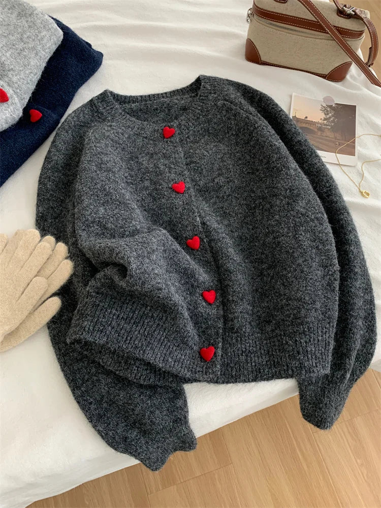 Deep Grey Wool Knitted Cardigan For Women 2026 Autumn Winter Soft And Sticky Warm Love Buckle Shoulder Sleeves