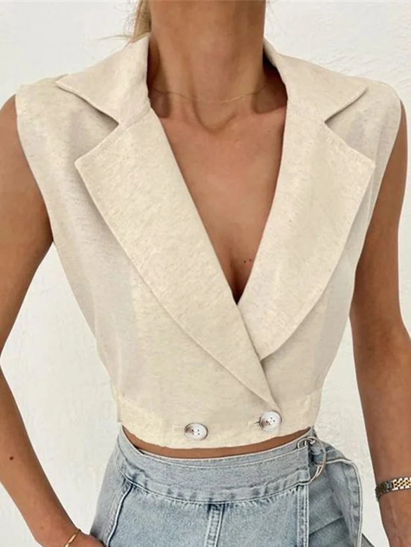 2024 Summer Women Solid Khaki Linen Tank Tops Sleeveless V-neck Vest Crop Tops For Women Female