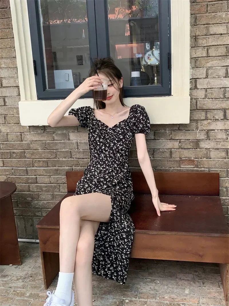 French Floral Dress for Women in Spring and Summer New Black High-end Slit Long Skirt Temperament Design Niche Tea Break