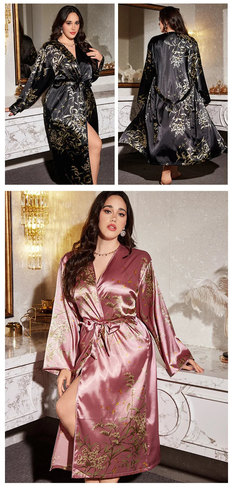 Print Cherry 2PCS Robe Set Large Size 5XL Suspender Nightgown Women Sexy Kimono Bathrobe Gown Sleepwear Loose Satin Home Dress
