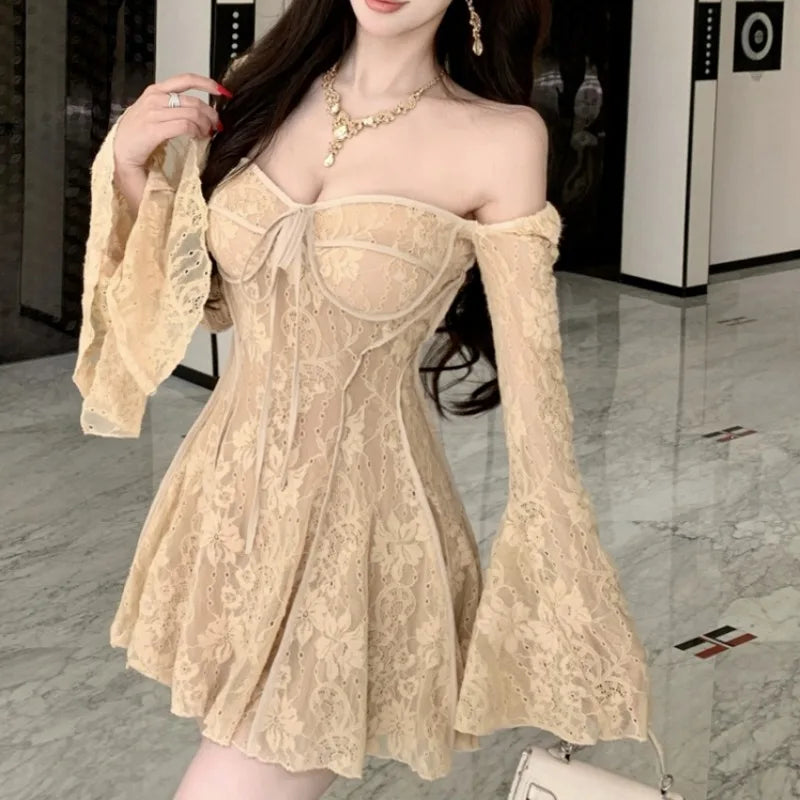 Lace Dresses For Women Flare Sleeve Solid Birthday Party Sexy Vestidos Mujer Spring Autumn Korean Fashion Mini Dress