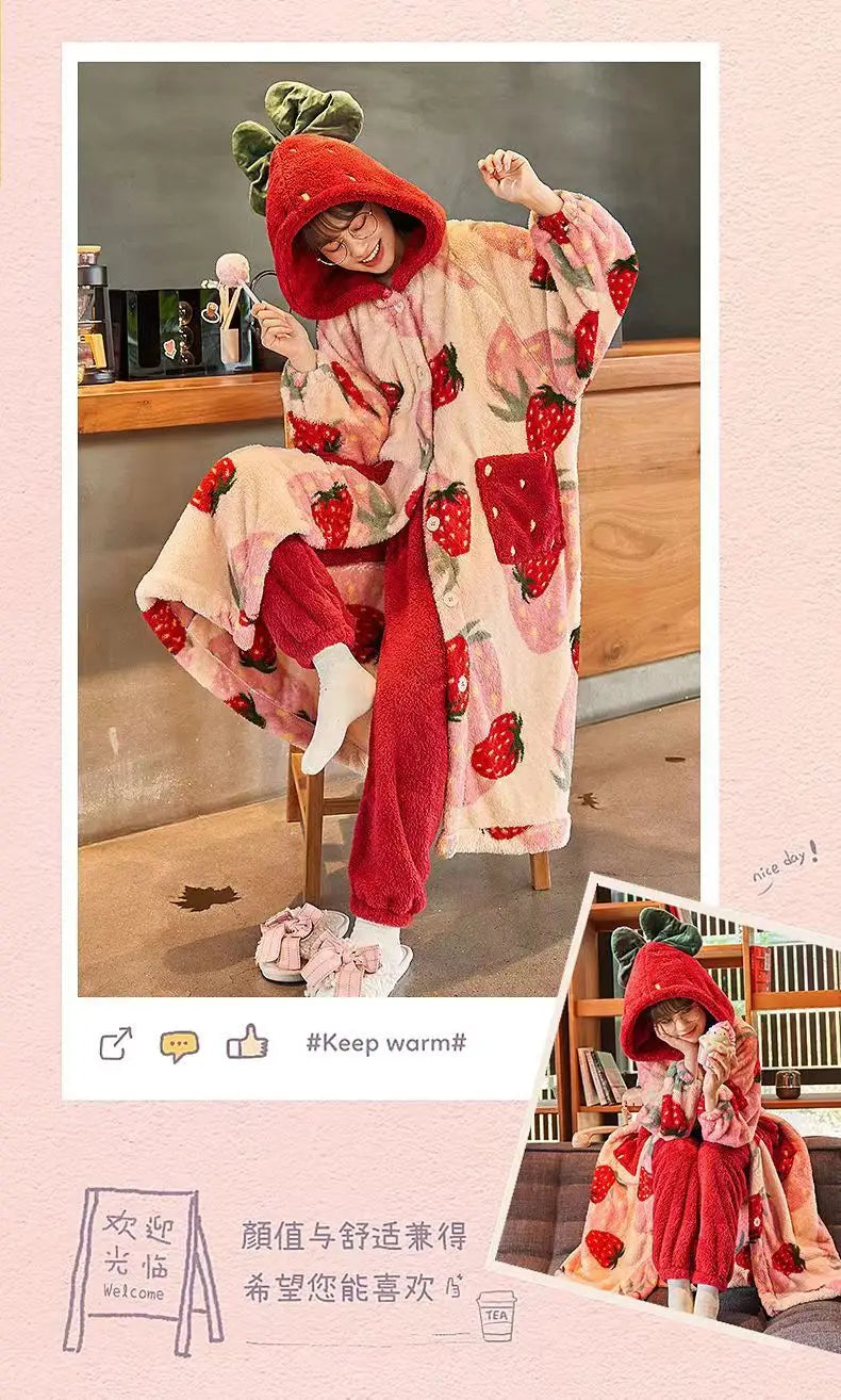 Kawaii Flannel 2025 Winter Kimono Nightgown Strawberry Cute Home Wear for Women Sleepwear Warm Bathrobe Cartoon Hooded Long Robe