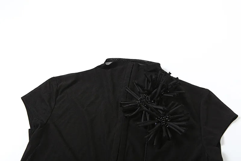 BOOFEENAA Sexy Mesh Sheer Black Shirts & Blouses 3d Flower Appliques Turtleneck Short Sleeve Crop Tops Cardigan C83-DE16