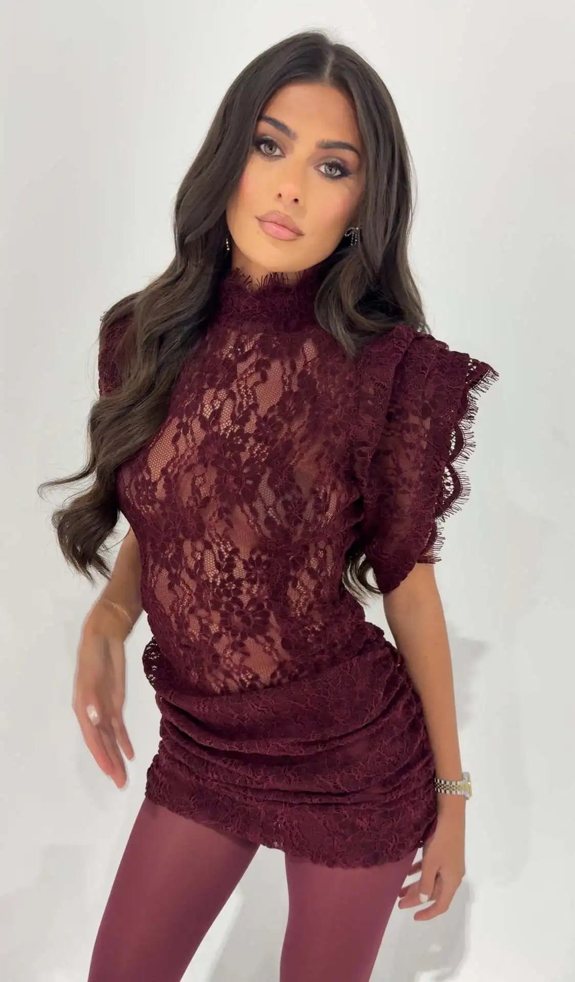 Elegant Lace Dress Fashion Retro Half High Collar Sleeveless Slim Wrap Hips Mini Dress Women's Sexy Party Dress Female Clothing