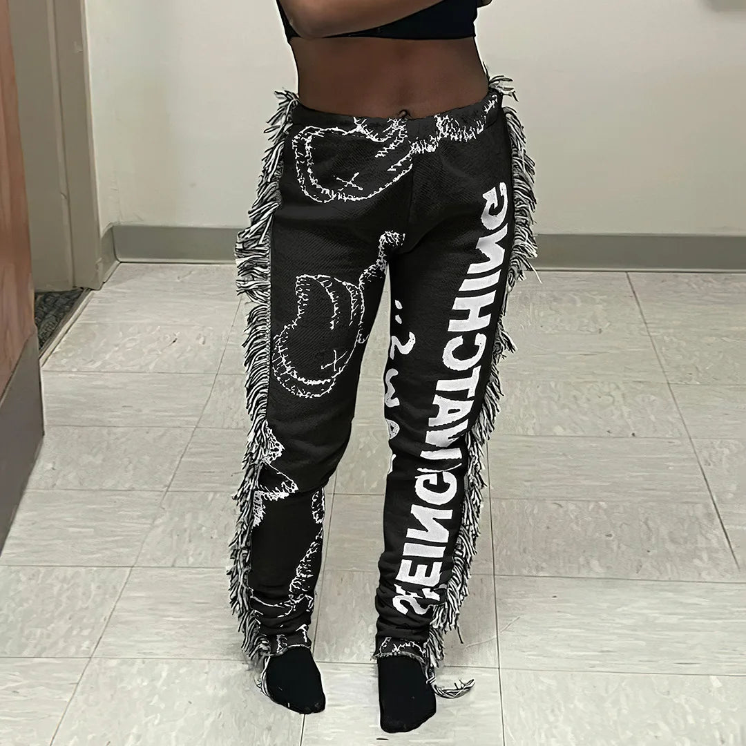 Casual Colorful Patterned Vintage Printed Tassels Pants 2025 New Autumn Winter Women Fashion Elegant Outwear Trousers Y2K