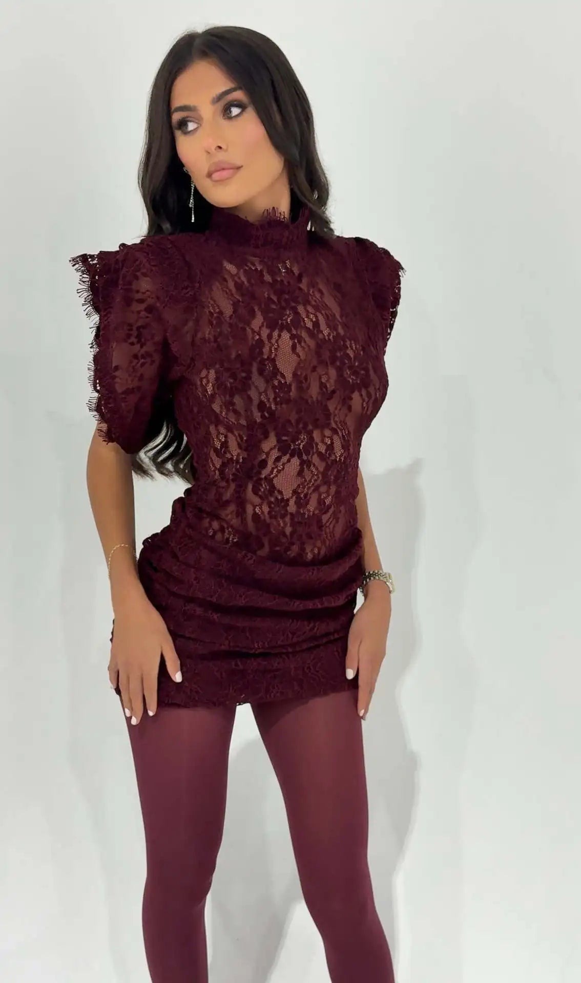 Elegant Lace Dress Fashion Retro Half High Collar Sleeveless Slim Wrap Hips Mini Dress Women's Sexy Party Dress Female Clothing
