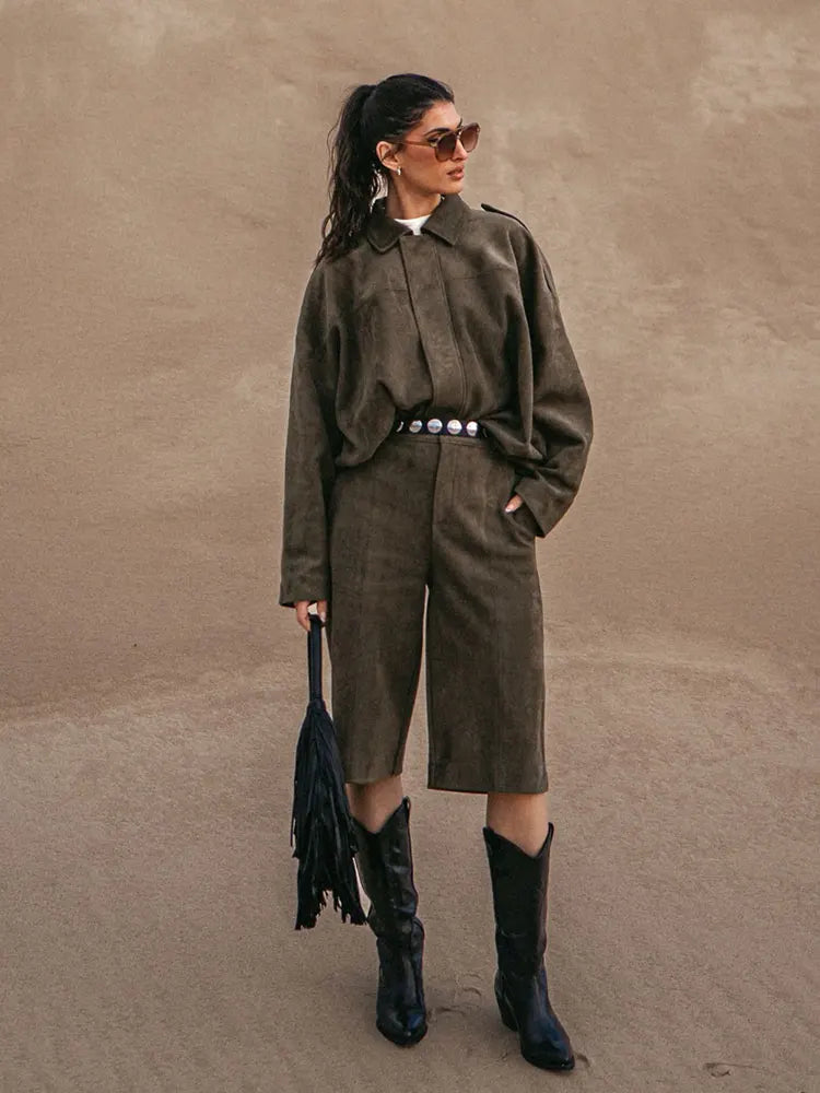 HH Spring Women Suede Coat Pant Sets Lapel Long Sleeve Zipper Jackets Casual Shorts 2025 New Fashion High Street Lady Outfit