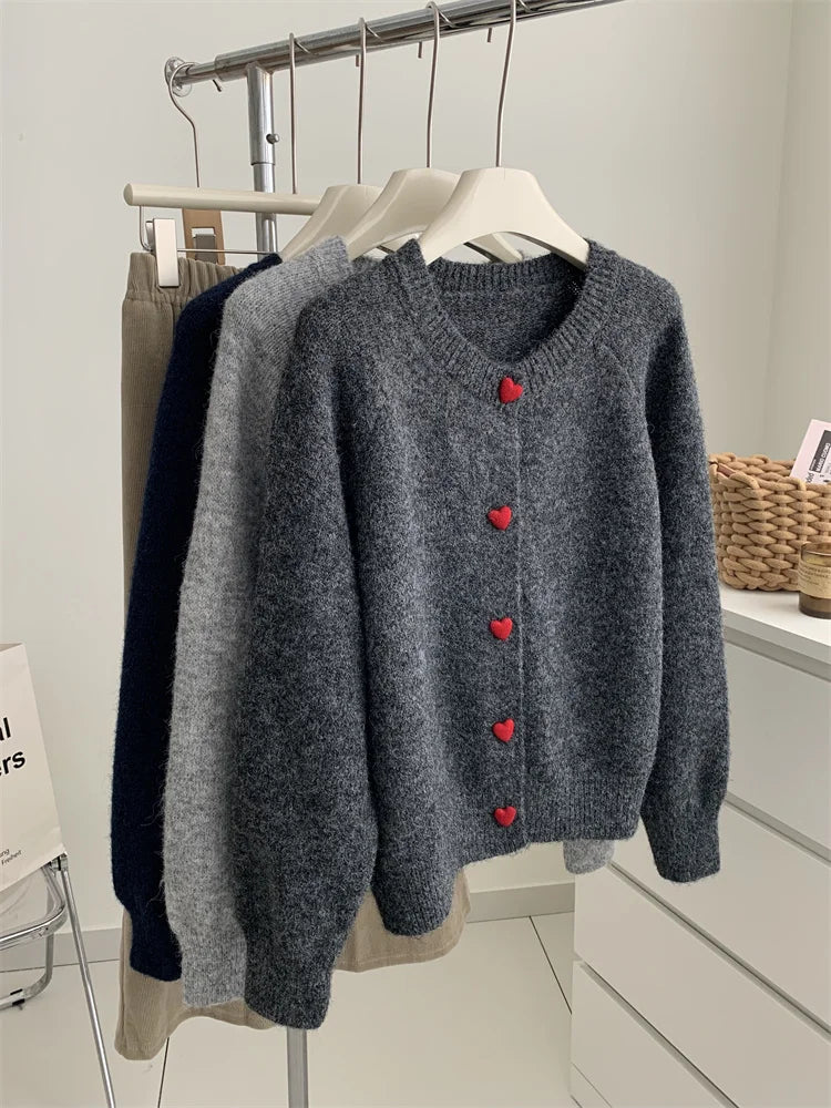 Deep Grey Wool Knitted Cardigan For Women 2026 Autumn Winter Soft And Sticky Warm Love Buckle Shoulder Sleeves