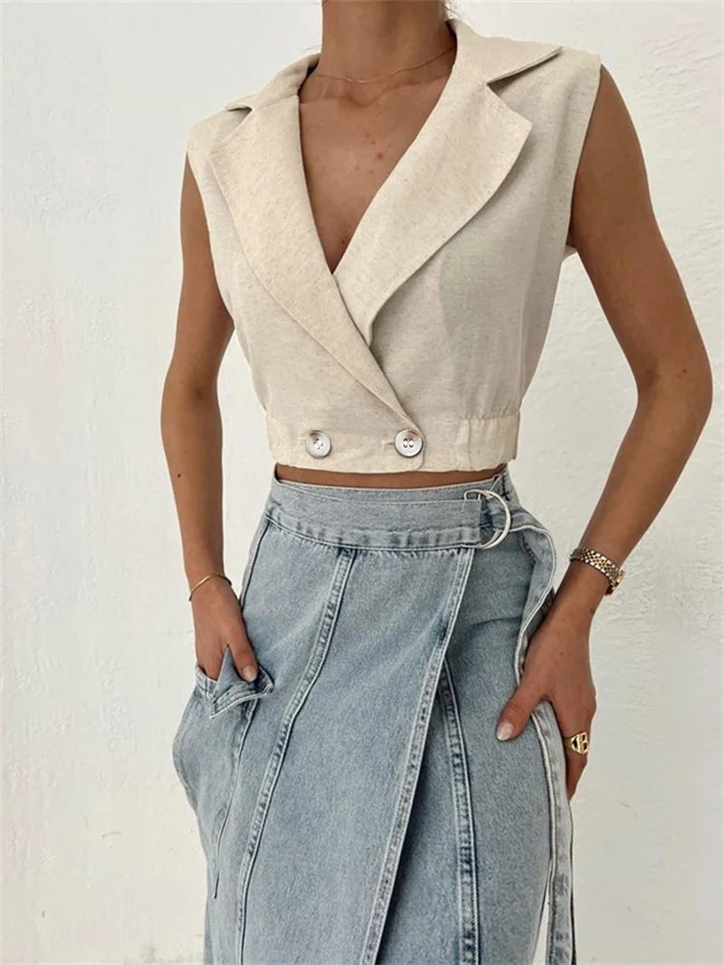 2024 Summer Women Solid Khaki Linen Tank Tops Sleeveless V-neck Vest Crop Tops For Women Female
