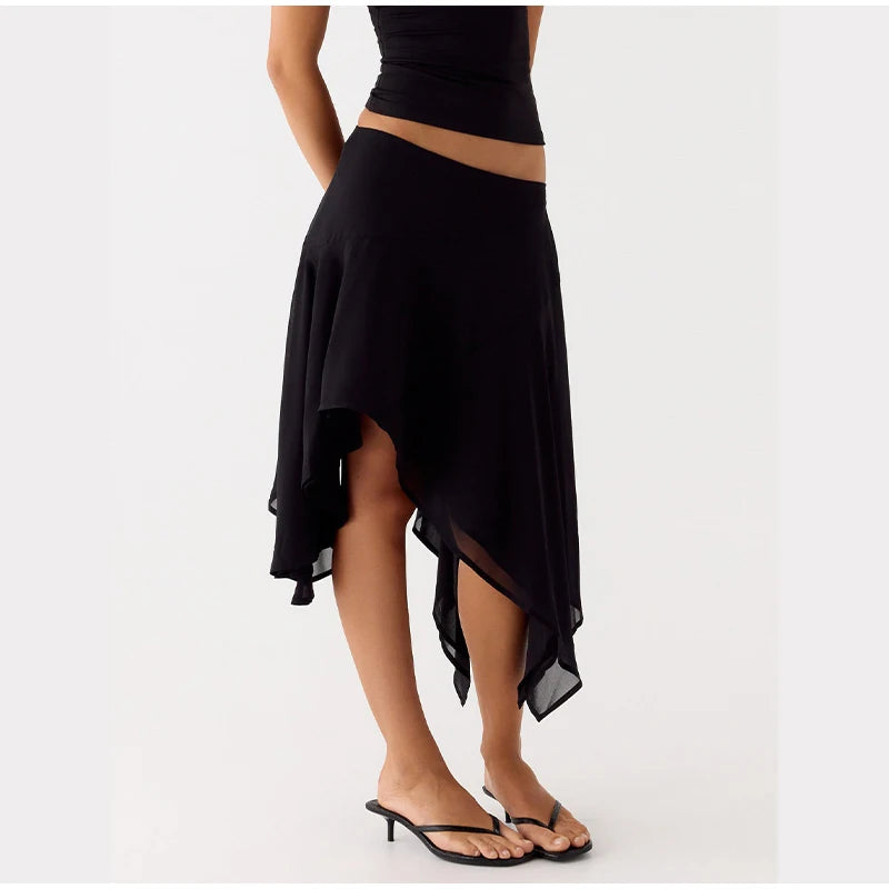 High Waist Asymmetrical Hem Midi Skirt Ruffle Flowy Irregular Hem A Line Skirts 2026 Summer Elegant Casual Vacation Chic Outwear