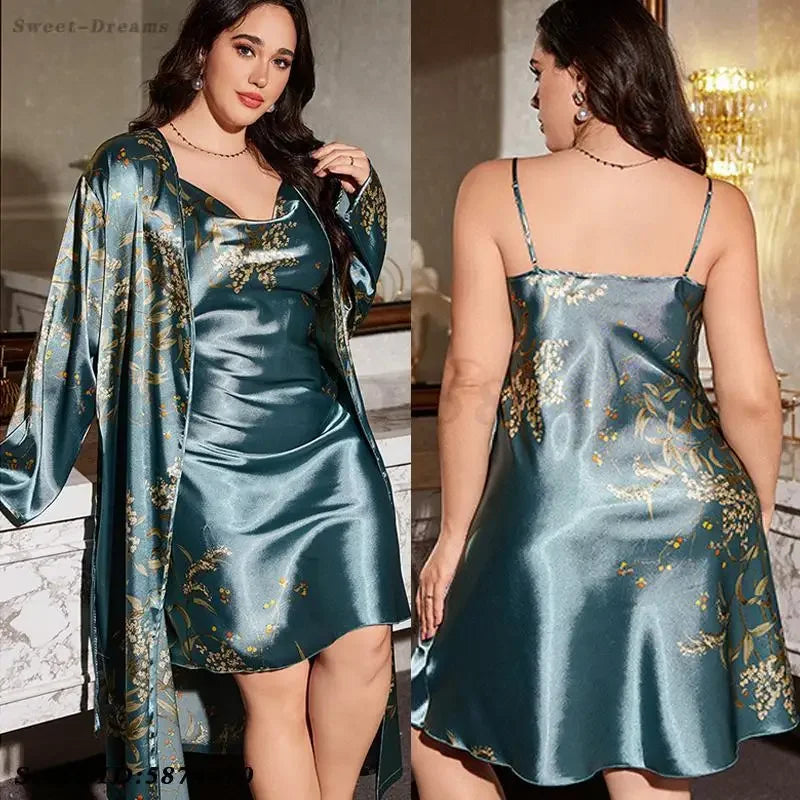 Print Cherry 2PCS Robe Set Large Size 5XL Suspender Nightgown Women Sexy Kimono Bathrobe Gown Sleepwear Loose Satin Home Dress