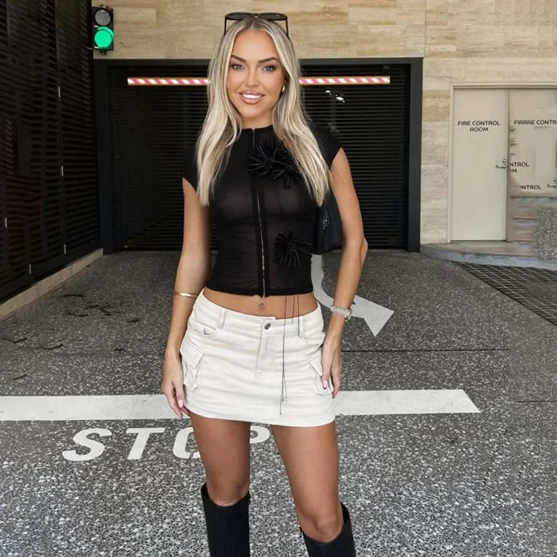 BOOFEENAA Sexy Mesh Sheer Black Shirts & Blouses 3d Flower Appliques Turtleneck Short Sleeve Crop Tops Cardigan C83-DE16
