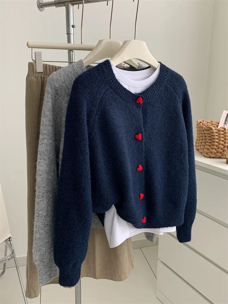 Deep Grey Wool Knitted Cardigan For Women 2026 Autumn Winter Soft And Sticky Warm Love Buckle Shoulder Sleeves