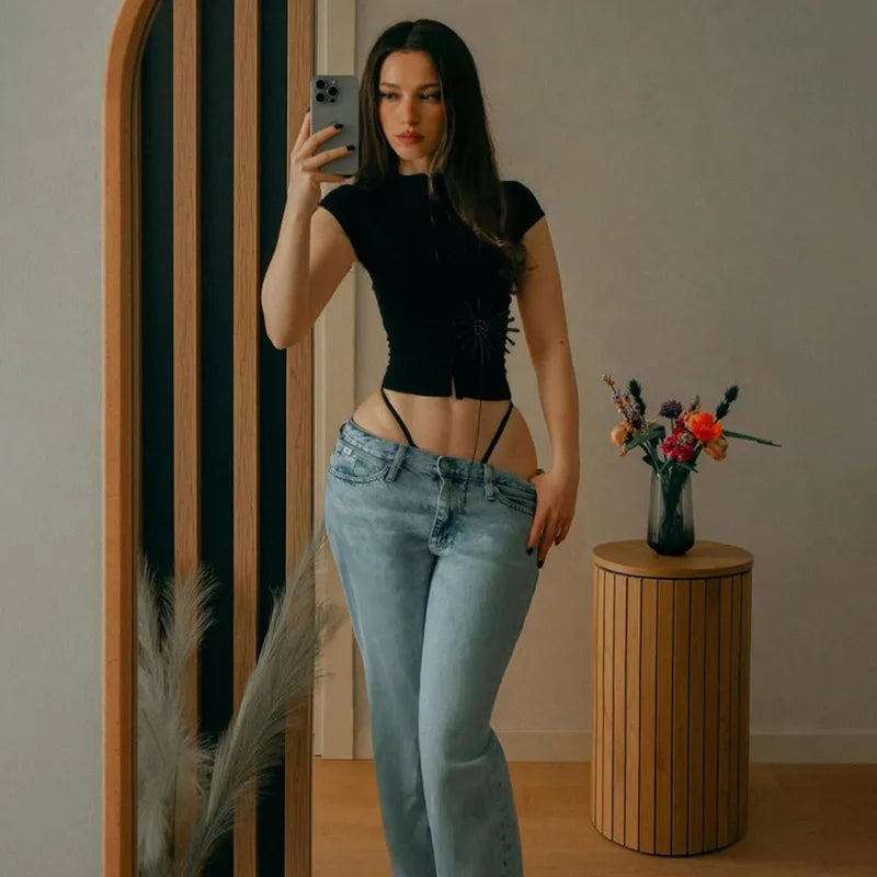 BOOFEENAA Sexy Mesh Sheer Black Shirts & Blouses 3d Flower Appliques Turtleneck Short Sleeve Crop Tops Cardigan C83-DE16