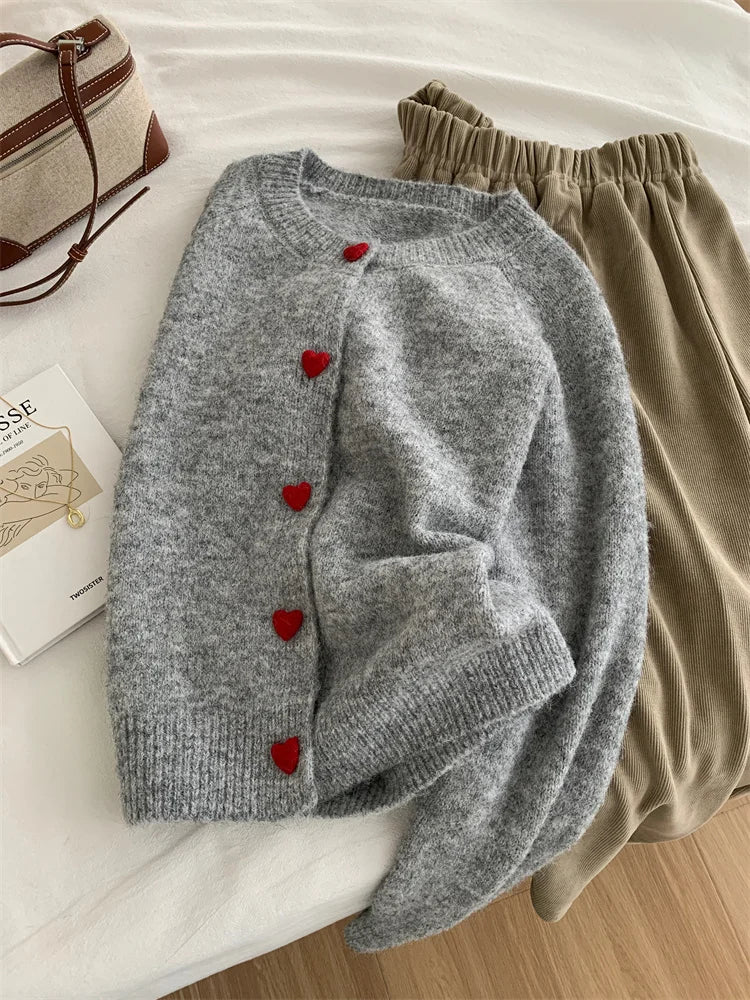 Deep Grey Wool Knitted Cardigan For Women 2026 Autumn Winter Soft And Sticky Warm Love Buckle Shoulder Sleeves