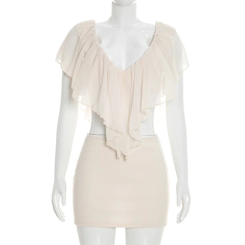 Mozision Ruffled Sexy Two Piece Set Women V Neck Sleeveless Tank Top Mini Skirt Matching Sets Female Club Party Dress Sets