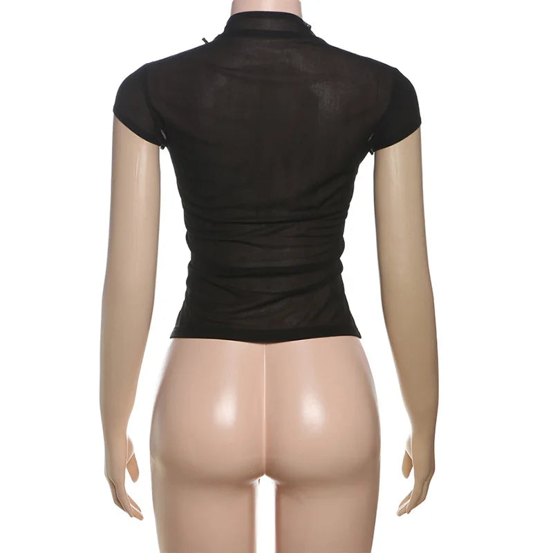 BOOFEENAA Sexy Mesh Sheer Black Shirts & Blouses 3d Flower Appliques Turtleneck Short Sleeve Crop Tops Cardigan C83-DE16