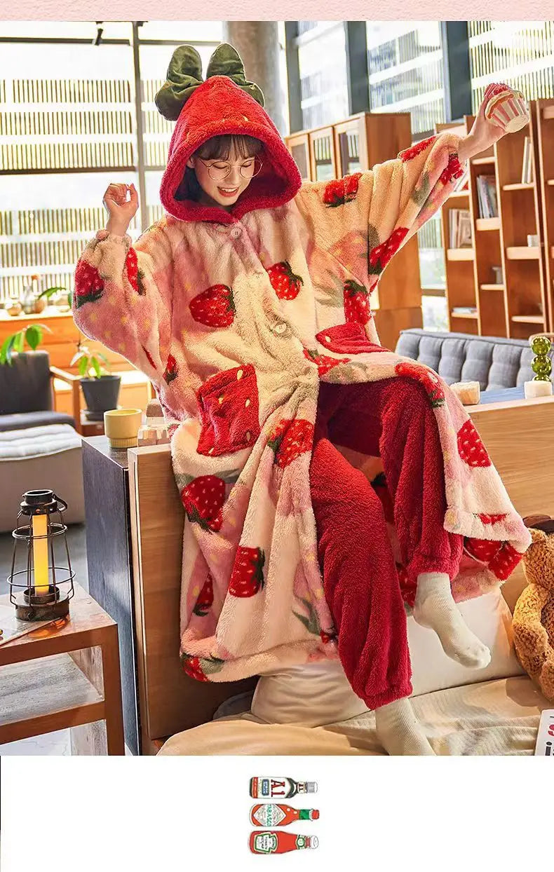 Kawaii Flannel 2025 Winter Kimono Nightgown Strawberry Cute Home Wear for Women Sleepwear Warm Bathrobe Cartoon Hooded Long Robe
