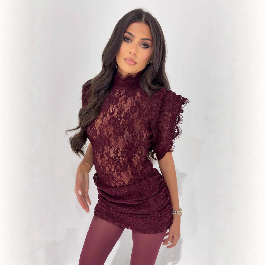 Elegant Lace Dress Fashion Retro Half High Collar Sleeveless Slim Wrap Hips Mini Dress Women's Sexy Party Dress Female Clothing