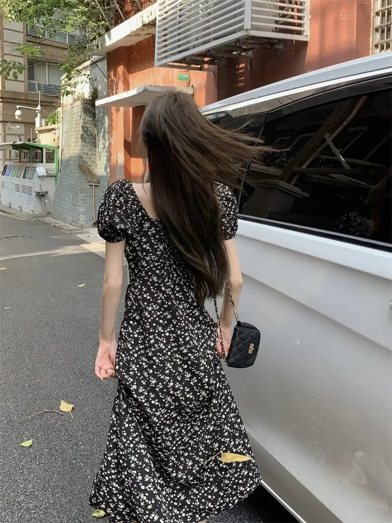 French Floral Dress for Women in Spring and Summer New Black High-end Slit Long Skirt Temperament Design Niche Tea Break