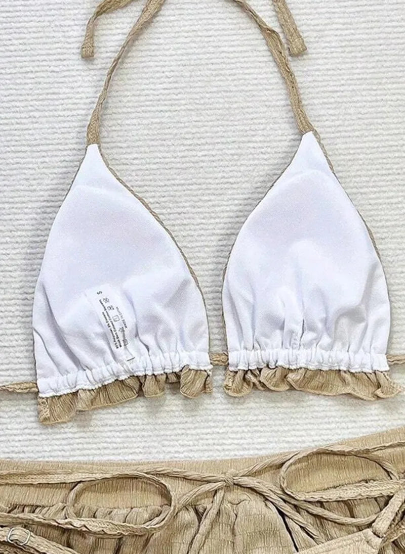 Ruffled Firlled Halter Bikini Women Swimwear Female Swimsuit Three-pieces Bikini Set with Shorts Bather Bathing Suit Women