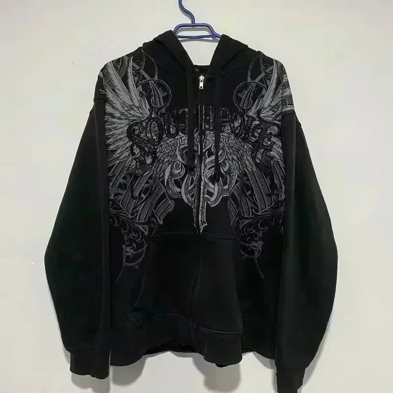 American Hip Hop Joker Pattern Embroidered Zipper Hoodie Women Street Y2K New Punk Fleece Padded Sweatshirt Unisex Casual Hoodie