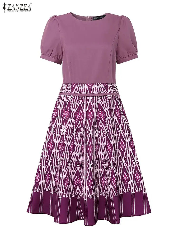 ZANZEA Vintage Summer Dresses Women Elegant Party Vestido 2025 Short Sleeve Long Shirt Robe Puff Sleeve Printing A-Line Sundress