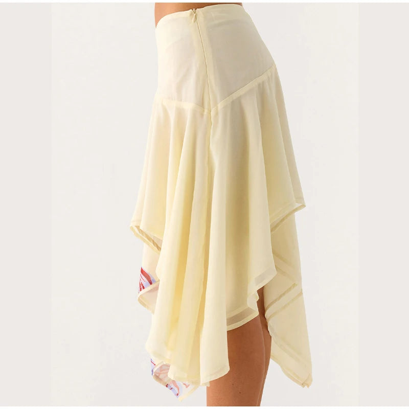 High Waist Asymmetrical Hem Midi Skirt Ruffle Flowy Irregular Hem A Line Skirts 2026 Summer Elegant Casual Vacation Chic Outwear