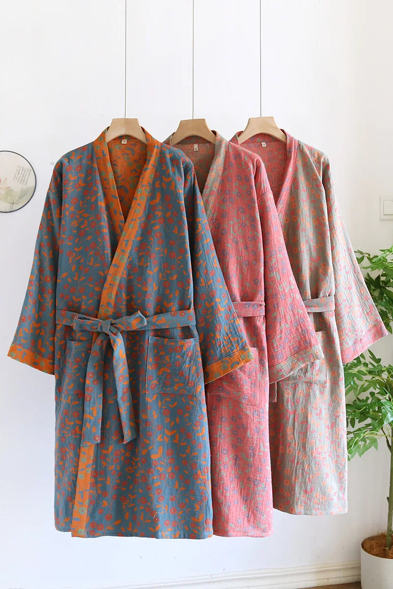 Multi Colors Kimono Bathrobe Women's Pajamas Clothing for Spring and Summer Cotton Loose Home Sleepwear Kimono Robes with Belt