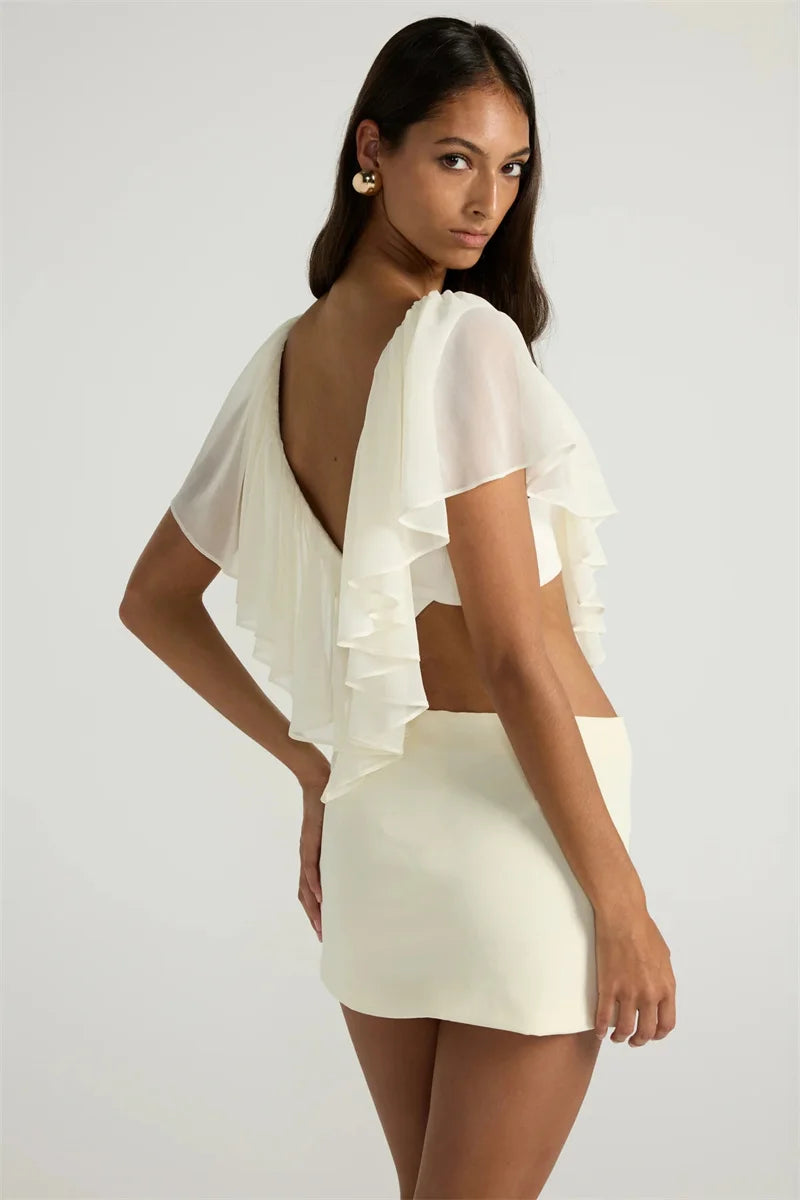 Mozision Ruffled Sexy Two Piece Set Women V Neck Sleeveless Tank Top Mini Skirt Matching Sets Female Club Party Dress Sets