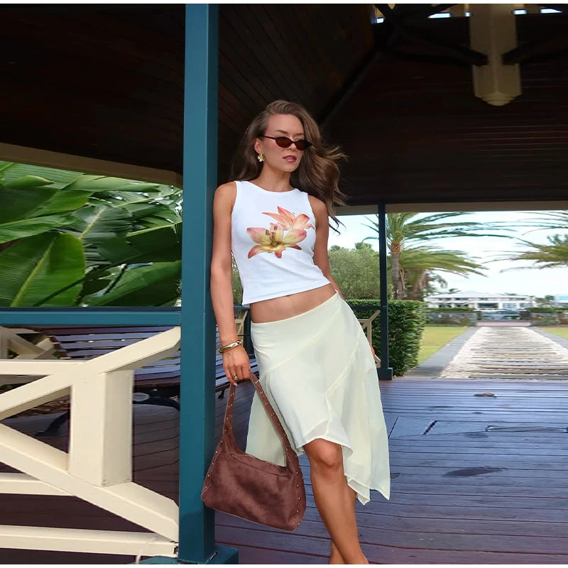 High Waist Asymmetrical Hem Midi Skirt Ruffle Flowy Irregular Hem A Line Skirts 2026 Summer Elegant Casual Vacation Chic Outwear