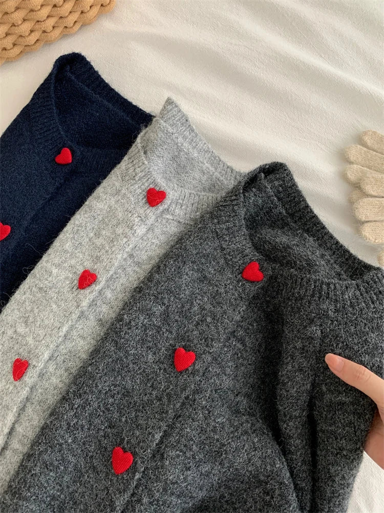Deep Grey Wool Knitted Cardigan For Women 2026 Autumn Winter Soft And Sticky Warm Love Buckle Shoulder Sleeves