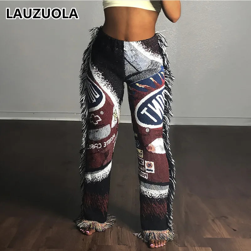 Casual Colorful Patterned Vintage Printed Tassels Pants 2025 New Autumn Winter Women Fashion Elegant Outwear Trousers Y2K