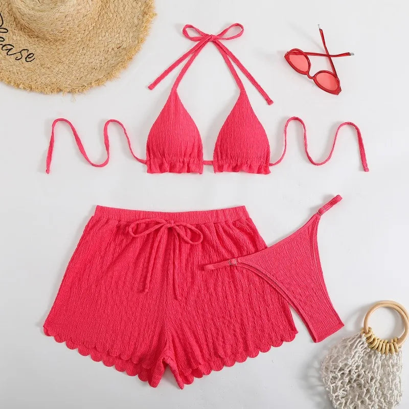 Ruffled Firlled Halter Bikini Women Swimwear Female Swimsuit Three-pieces Bikini Set with Shorts Bather Bathing Suit Women