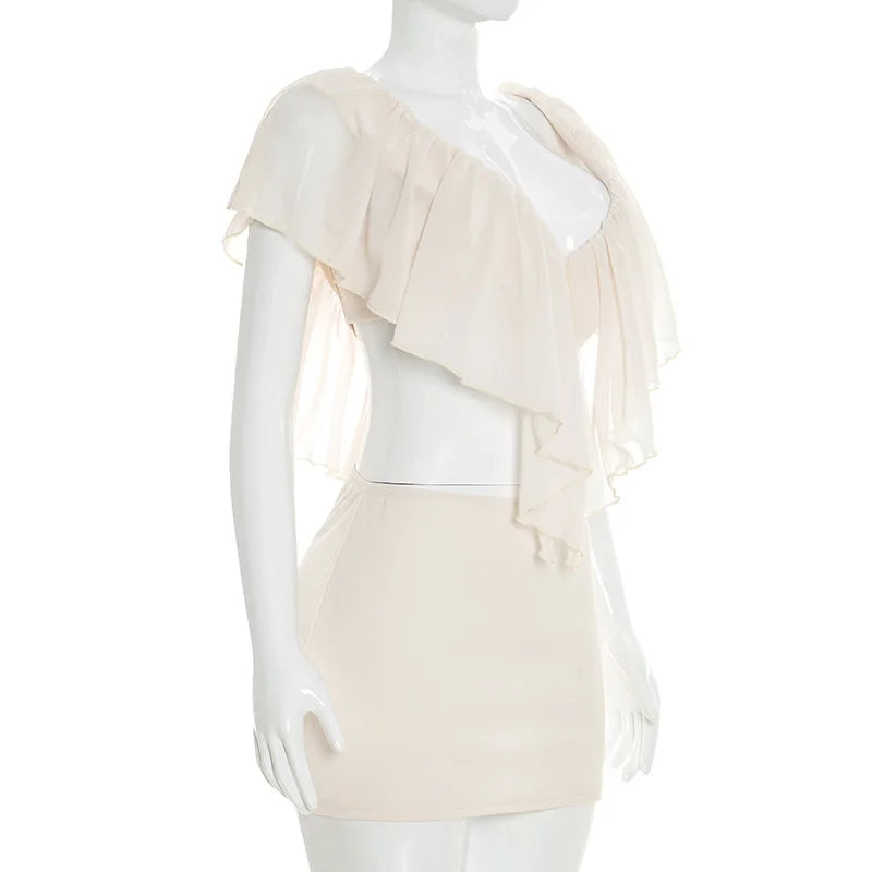 Mozision Ruffled Sexy Two Piece Set Women V Neck Sleeveless Tank Top Mini Skirt Matching Sets Female Club Party Dress Sets