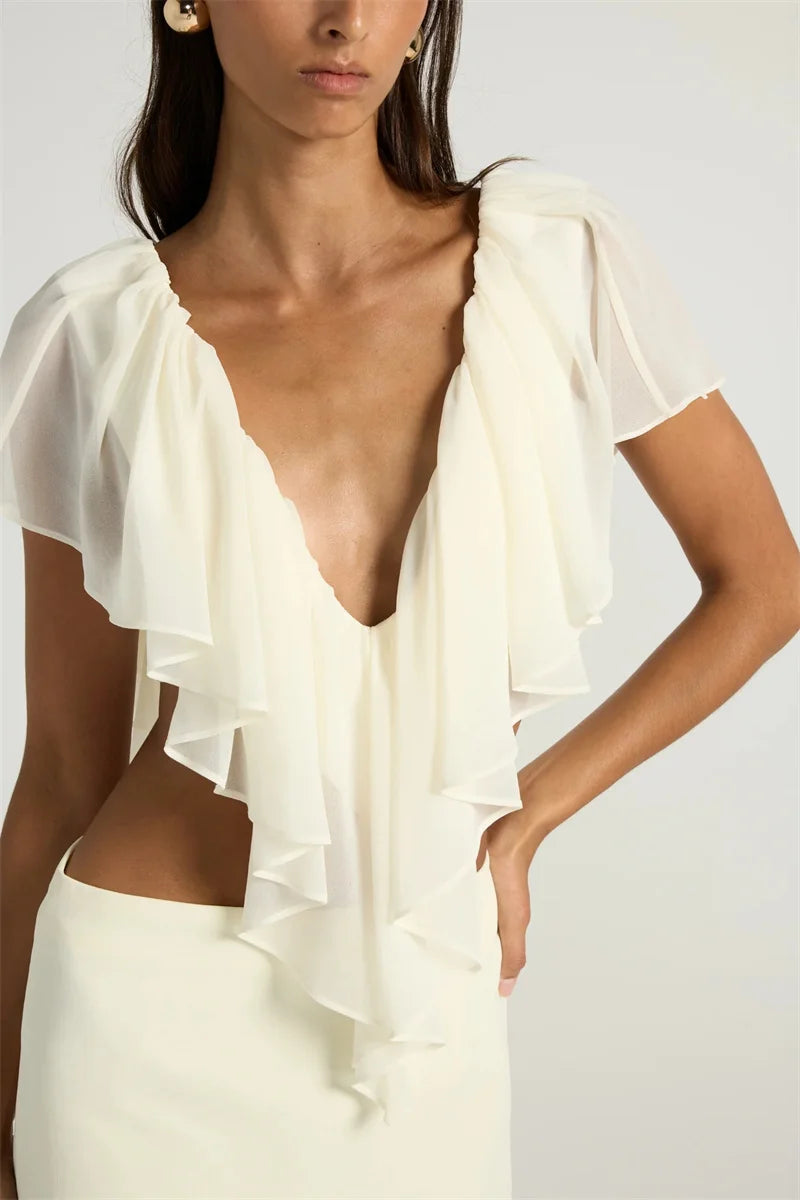 Mozision Ruffled Sexy Two Piece Set Women V Neck Sleeveless Tank Top Mini Skirt Matching Sets Female Club Party Dress Sets