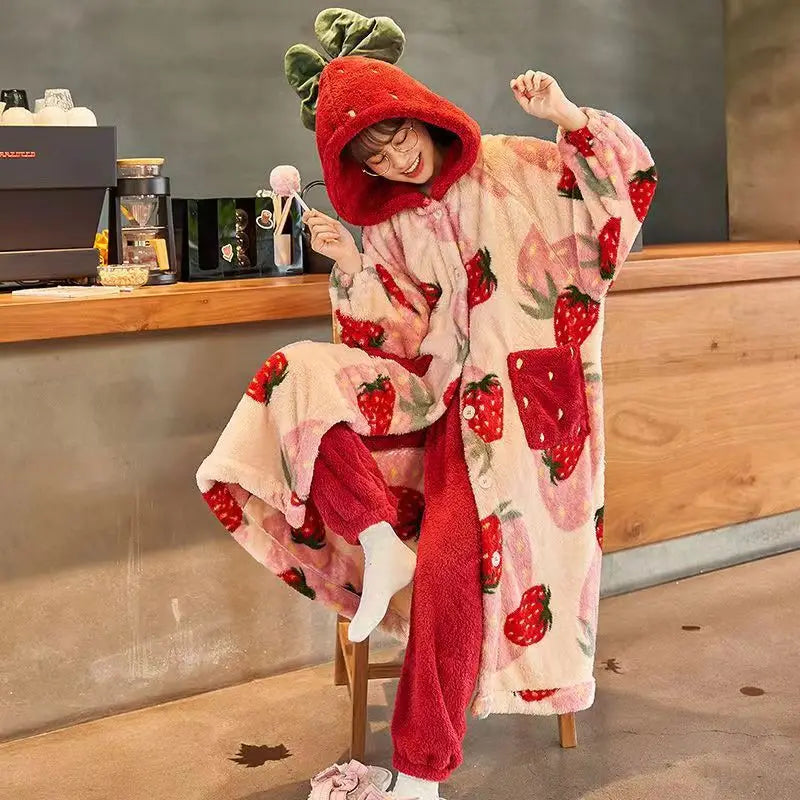 Kawaii Flannel 2025 Winter Kimono Nightgown Strawberry Cute Home Wear for Women Sleepwear Warm Bathrobe Cartoon Hooded Long Robe