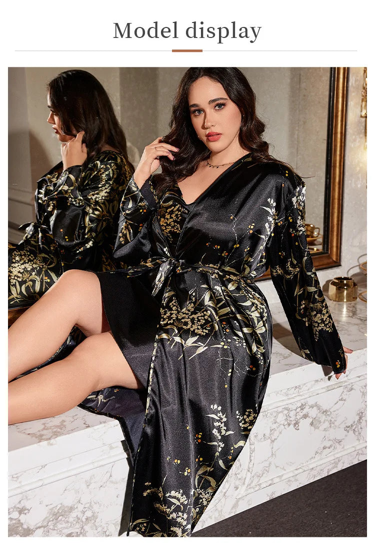 Print Cherry 2PCS Robe Set Large Size 5XL Suspender Nightgown Women Sexy Kimono Bathrobe Gown Sleepwear Loose Satin Home Dress