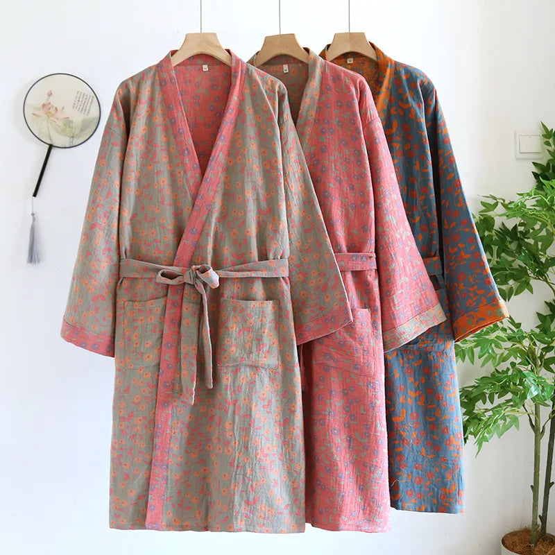 Multi Colors Kimono Bathrobe Women's Pajamas Clothing for Spring and Summer Cotton Loose Home Sleepwear Kimono Robes with Belt