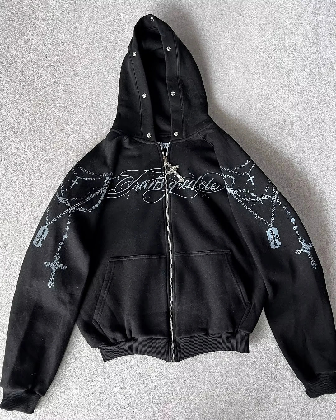 Dark Gothic Black Metal Zip Up Hoodie Distressed White Thorned Cross Gothic Text Print Oversized Cropped Unisex Streetwear