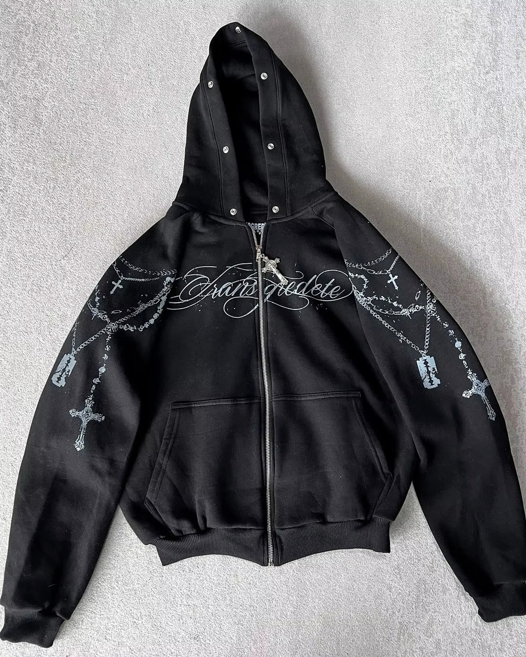 Dark Gothic Black Metal Zip Up Hoodie Distressed White Thorned Cross Gothic Text Print Oversized Cropped Unisex Streetwear