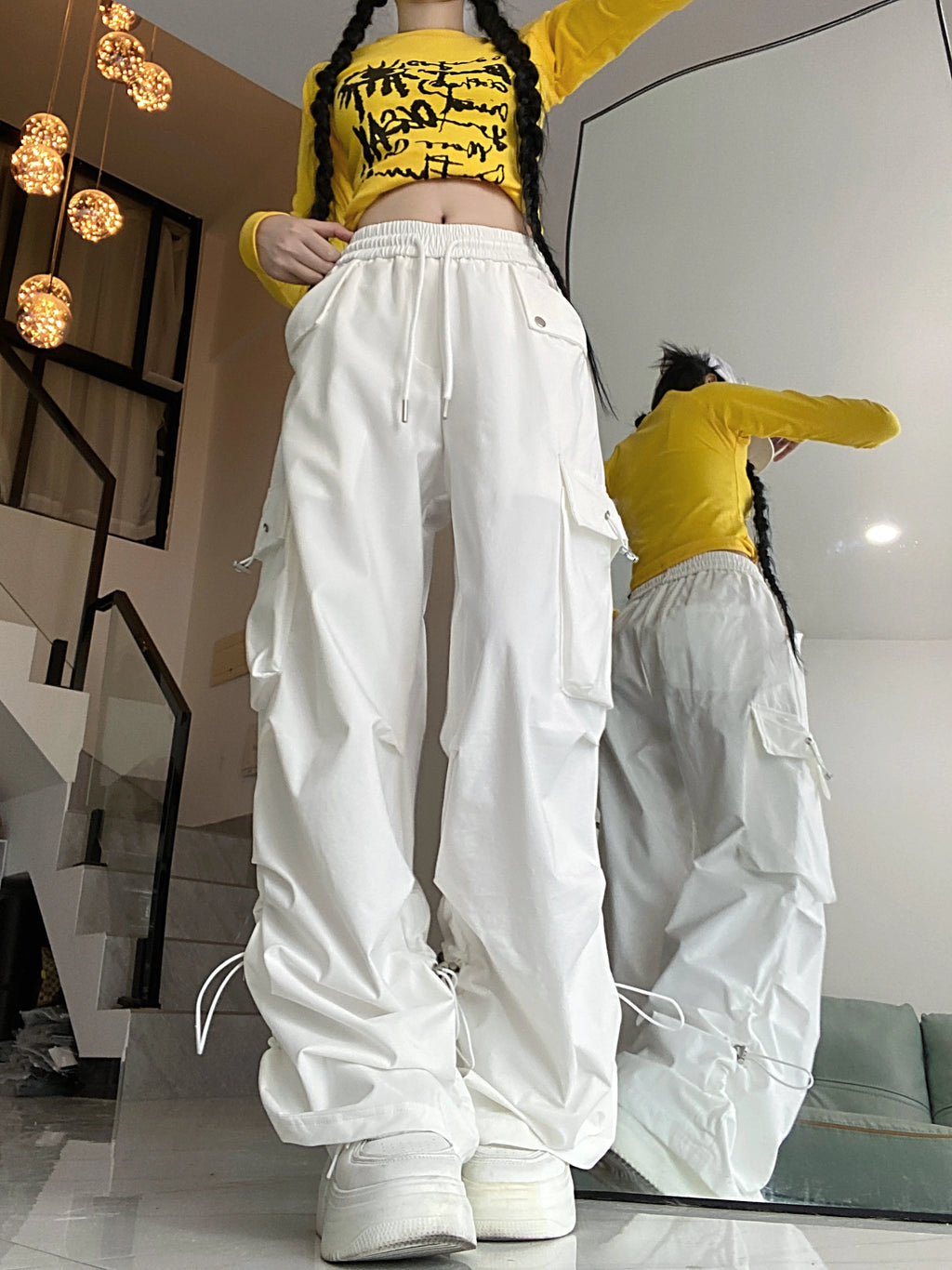 2024 American style large pocket cargo pants women's spring summer new style wide leg pants loose slimming casual sports pants