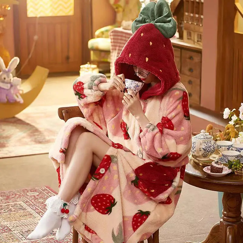 Kawaii Flannel 2025 Winter Kimono Nightgown Strawberry Cute Home Wear for Women Sleepwear Warm Bathrobe Cartoon Hooded Long Robe